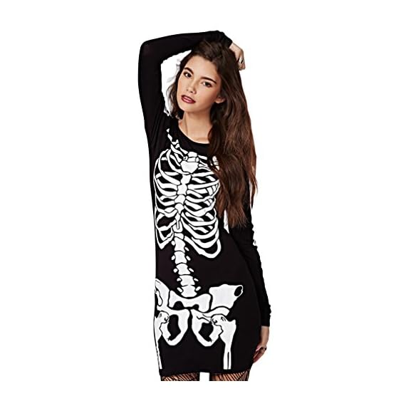 RieKet-Halloween-Punk-Skeleton-Skull-Stretch-Slim-Casual-Women-Dress-LUS-6-8-Black
