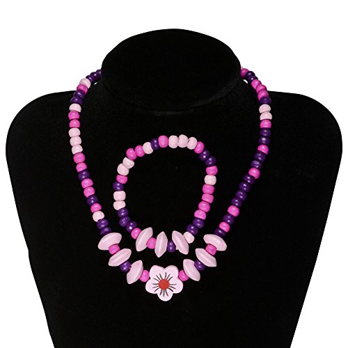 SmitCo LLC Little Girl Jewelry, Pink and Purple Stretch Necklace and Bracelet Set for Kids/Toddlers