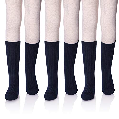 LANLEO 3 Pack Cotton Mid-Calf Ribbed Socks School Uniform Sports Tube Socks For Big Girls 3-12 Year Old 3 Pairs Navy M