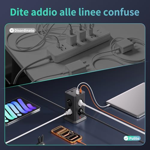 2 M Power Strip with 8 Universal Sockets 10/16A ITA and Schuko and 3 USB A+1 USB C Overvoltage Protection with 1 Switches for Office, Home, 3680 W Electrical Extension Socket, Black | 8 10A/16A AC Prese Multipla, Protezione Sovratensione Prolunga Elettrica,1 Interruttori Torretta Scarpetta Verticale 3680W