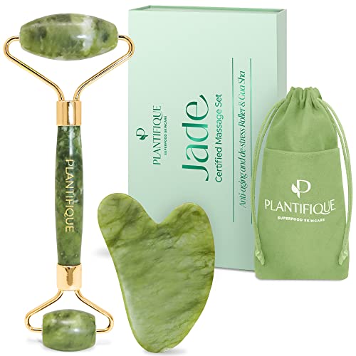 PLANTIFIQUE Jade Roller Face and Gua Sha | Jade Roller and Guasha Stone Anti-Wrinkle Massager | Skincare Face Roll Massager Kit | Complete Gift Idea Facial Body Feet Original Massage