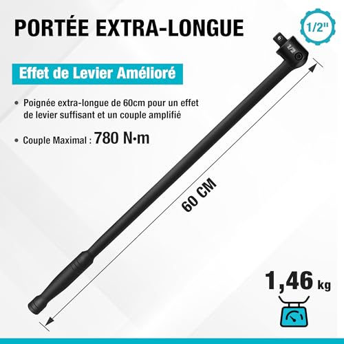 DURATECH 1/2 Inch Articulated Ratchet Wrench Heavy Duty 600mm Force Bar Force Wrench with 240° Flexible Head Maximum Torque 780Nm for Auto and Workshop Repairs