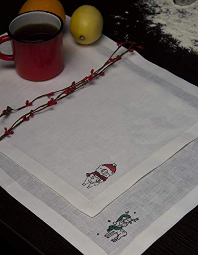 Secret Santa Gift Handcrafted - Placemat Set with Christmas Deer – Gift idea for Cooking Enthusiasts - Pure Linen Table Serving Accessory