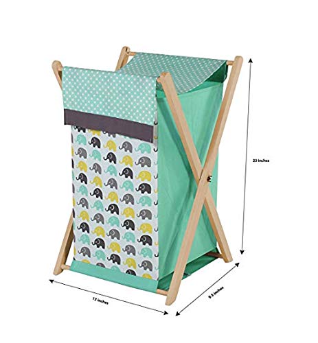 Bacati Elephants Unisex Hamper Cover with Natural Finish Wood Frame and Mesh Liner, Mint/Yellow/Grey