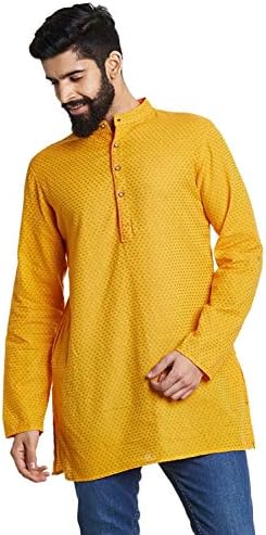 Shatranj Men's Indian Mandarin Collar Summer Sunshine Dobby Print Kurta Tunic