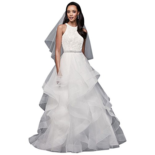 Floral Sequin Ball Gown with Horsehair Trim Style V3901, Soft White, 6