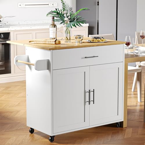 SIMPLE ESPACIO Isla de Cocina Móvil Multifuncional con Ruedas - Abatible,Organizador Integrado Gabinetes,Cajones,Especiero,Toallero Mesa Auxiliar,Almacenamiento Compacto Color de Relieve Blanco