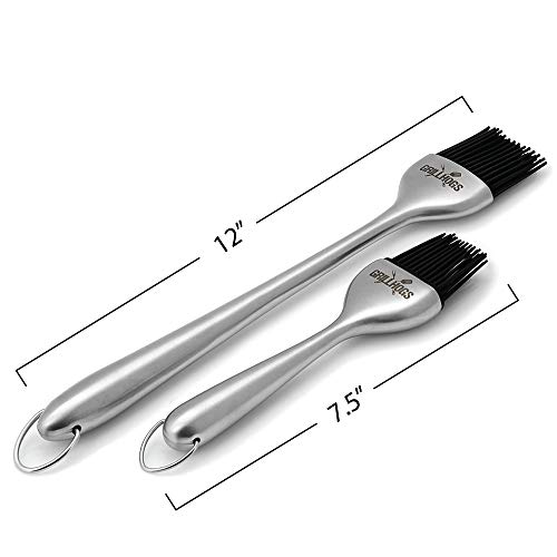GRILLHOGS Sauce Basting Brush - Premium Stainless Steel Handles - Silicone Basting Brush - Dishwasher Safe Heat Resistant - Natural Long Lasting BBQ bush - Set of Two
