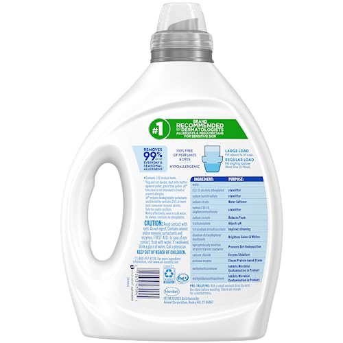 ALL FREE CLEAR, ORIGINAL, LIQUID LAUNDRY DETERGENT FOR SENSITIVE SKIN, UNSCENTED AND HYPOALLERGENIC, CONCENTRATED, 82.5OZ, 110 LOADS