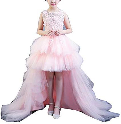 Adela Lace High Neck Pageant Dresses Ball Gown Hi-Low Appliques Kids Wedding First Communion Dress with Train AR028