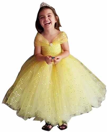 Beauty Yellow Dress Princess Belle Dress Up Costume for Girls Age 4-14