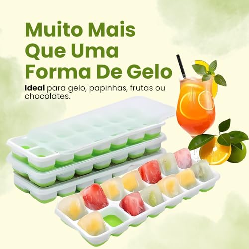 Kit 4 Formas de Gelo com Tampa Rígida Fundo Silicone Flexível 14 Cubos | Ideal para Bebidas, Ideal para Frutas, Ideal para Papinha, Ideal para Alimentos