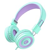 Criacr Kids Headphones, Noise Reduction School Wired Headphone, Lightweight Foldable Stereo Tangle-Free 3.5mm Audio Jack, Microphone, in-line Controller On-Ear Headsets for Children, Boys, Girls