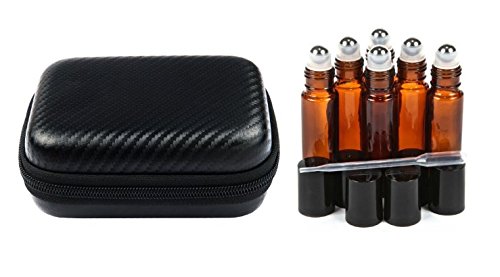 Roller Bottle Essential Oil Carrying Case Bundle with Accessories - Holds 12 5ml & 10ml Roller Bottles- Comes W/ 6 Amber Glass Stainless Steel Roller Bottles & Free Roller Bottle Opener-Black