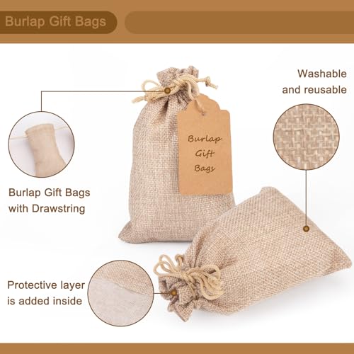 SALLYFASHION 25PCS Burlap Gift Bags With Drawstring, 4x6 Inch Drawstring Bags with Kraft Paper Tags Linen Sack Bags Jewelry Pouches for Christmas Wedding Party Favors DIY Crafts