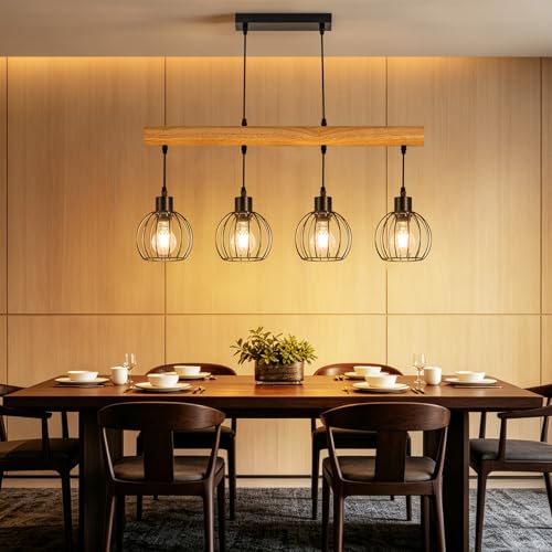 ZMH Vintage Hanging Lamp Wood 4 Bulbs - Pendant Light Dining Table in Industrial Design Black Retro Pendant Light Dining Table Lamp Height Adjustable for Dining Room Kitchen Living Room Bar (Light