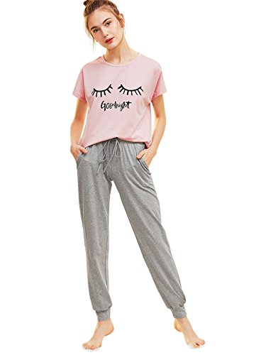 DIDK-Damen-Schlafanzug-Set-mit-Slogan-Kurzarm-Shirt-und-Lang-Schlafanzughose-Sleepwear-Pyjama-Set