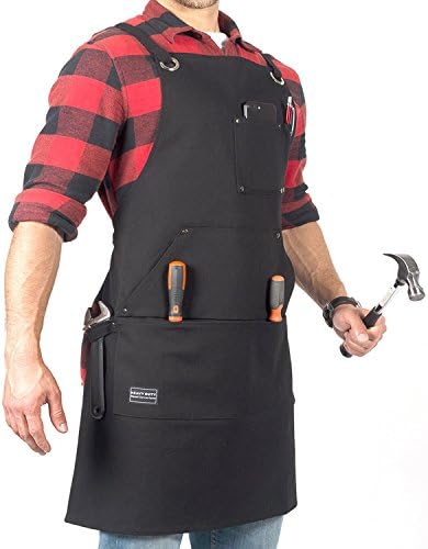 Waxed Canvas Utility Apron - Work Shop Apron with 7X Pockets, Cross-back Straps - Adjustable M to XXL Size for Men &amp; Women - Stylish for Barber, Painting, Woodworking, Crafting &amp; Bartender