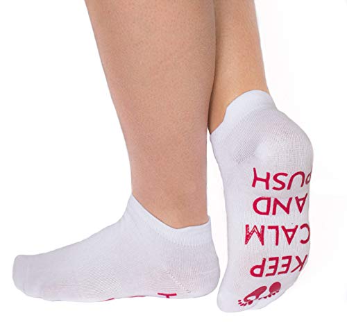 DonnaElite Labor & Delivery Inspirational Non Skid Push Maternity Socks | Luxury Combed Cotton Non Slip Grip for Pregnancy and Hospital Bag (Red - Keep Calm and Push)