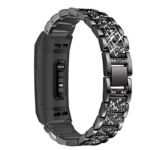 Mtozon Metal Bands Compatible Fitbit Charge 3, Replacement Metal Rhinestone Bling Bracelet Wristband for Women, Black