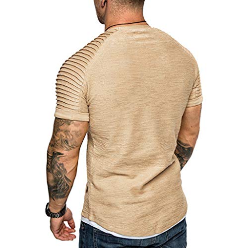 Ximandi Fashion Men's Summer Pleats Slim Fit Raglan Short Sleeve Pattern Top Blouse Khaki - Thumbnail 3