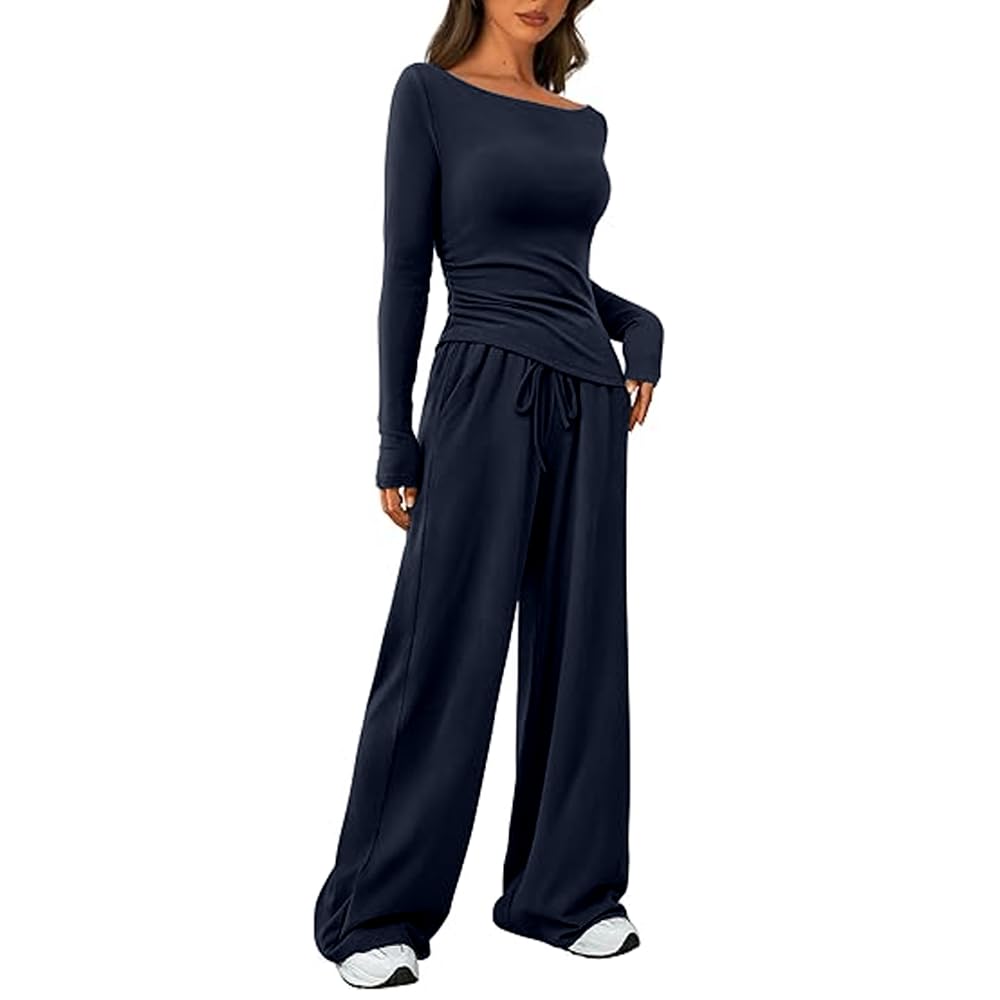 Photo 1 of HBQ Women's 2 Piece Lounge Sets Asymmetrical Long Sleeve T Shirt Wide Leg Pants Casual Outfits Tracksuit-Dark Blue-M