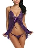 Sherosa Women Lace Babydoll Lingerie Set Mesh Chemises Sexy Nightwear and G-string