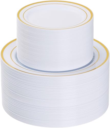 Goodluck 200PCS Gold Plastic Plates, Heavy Duty Disposable Gold Plates with 100 10.25 inch Dinner Plates and 100 7.5 inch Dessert Plates for Party, Holiday, Wedding, Thanksgiving