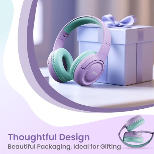 acer Kids Headphones - 85/94dB Volume Limiter, Foldable Wired Over Ear Headphones for Travel, 3.5mm Jack, Toddler Headphones for School, Travel, iPad, Tablet, Purple Green, HK03