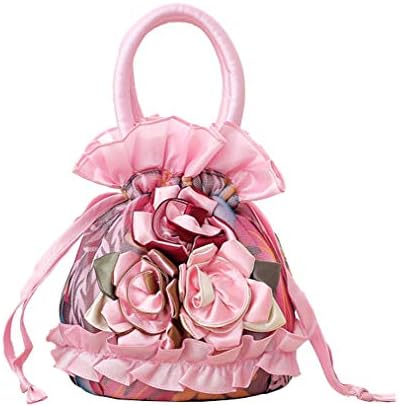 Women Roses Handbag Small Drawstring Bucket Bags For Women Flowers Bright Ruffles Printed Lace/Gauze Fully Lining Pink