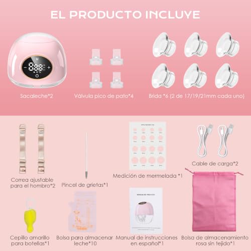 Extractor de Leche Electrico Portátil, Extractor de Leche Inalámbrico Manos Libres, 3 Modos y 9 Niveles de Succión, Sin Bpa, Portátil y Ligero, Boquillas de 17/19/21 mm, Paquete de 2