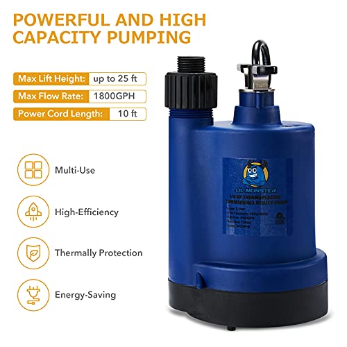 Submersible Water Pump Utility Pump Thermoplastic 1/4 HP Portable