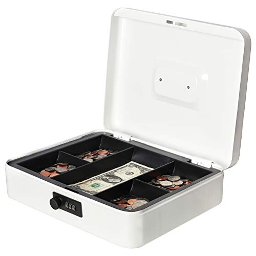Safe Metal Cash Box with Money Tray & Combination Lock, Decaller Large Lock Storage Money Box with 5 Compartments Cash Tray, 11 4/5" x 9 2/5" x 3 1/2" (Large, White)