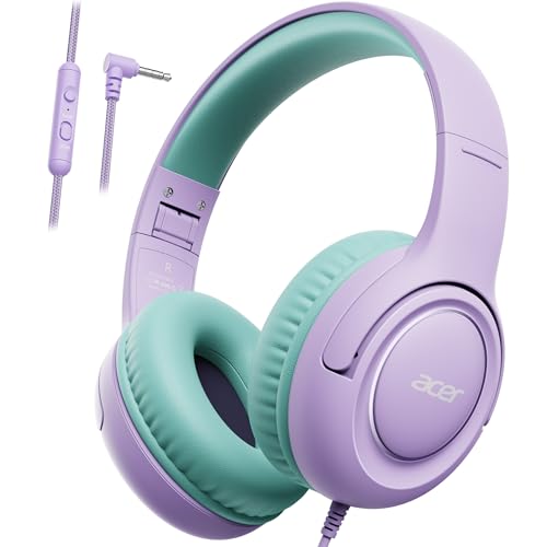acer Kids Headphones - 85/94dB Volume Limiter, Foldable Wired Over Ear Headphones for Travel, 3.5mm Jack, Toddler Headphones for School, Travel, iPad, Tablet, Purple Green, HK03