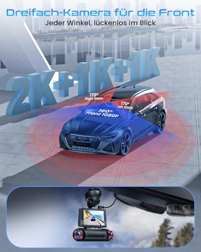 360° Dashcam Car, 4-Channel Wireless 2K Dashcam, 2K+1080P*3 Resolution, Built-in Wi-Fi & App, G-Sensor, 8 IR Night Vision LEDs, Includes 64GB SD Card