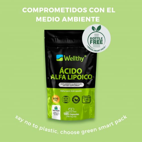 Wellthy Ácido Alfa Lipoico 600mg en SOLO UNA CÁPSULA 185 Cápsulas. 185 Dosis Completas, NON GMO, Vegan Friendly, VCaps Tecnología Cápsulas Veganas, Bottle Free.