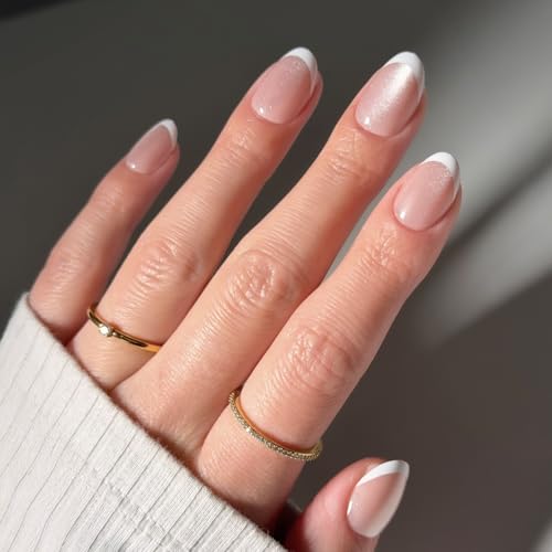 Glamnetic Press On Nails - Angelic Touch | Short Oval Fake Nails in a Delicate Nude Base with White French Tips and a Velvet Finish, Salon Quality | 15 Sizes - 30 Nail Kit with Glue