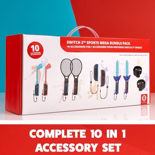 Offizielles Switch 2 Mega Sportpaket – 10-in-1 Joy-Con Zubehörset – Golfschläger, Tennisschläger, Schwerter, Hand- & Beinbänder