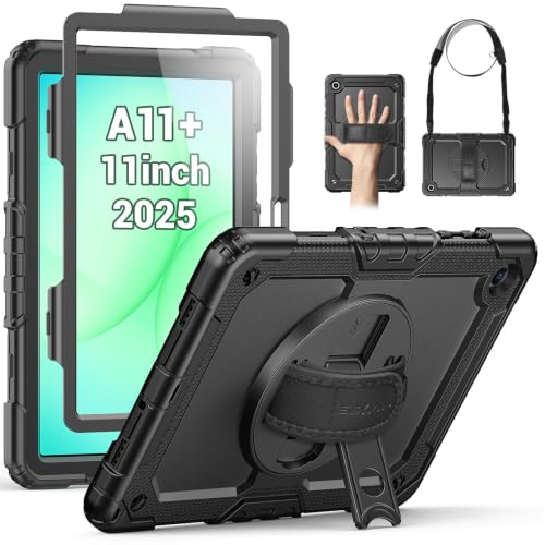 SEYMAC Cover for Samsung Galaxy Tab A11+ Plus 11 Inch 2025 (SM-X230/X235/X236), Anti-Shock and Screen Protector, 360° Swivel Stand, Hand and Shoulder Strap, Keyboard Holder, Black