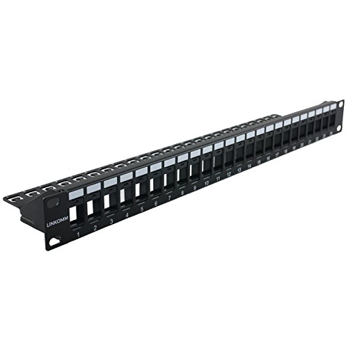 LINKOMM 1U 19" 24-Port RJ45 Blank Keystone Jack Patch Panel with Rear Cable Management for Ethernet Cabling, Black