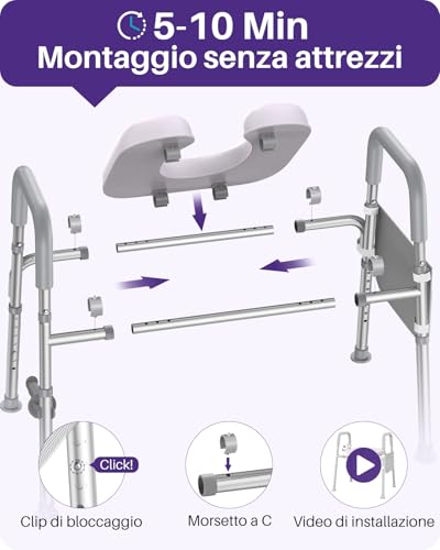 KEKOY Rialzo WC per anziani regolabile: 7 altezze e 3 larghezze, braccioli, montaggio senza attrezzi, alzata per WC per operati all'anca, portata 181 kg, compatibile con tutti i WC, Grigio