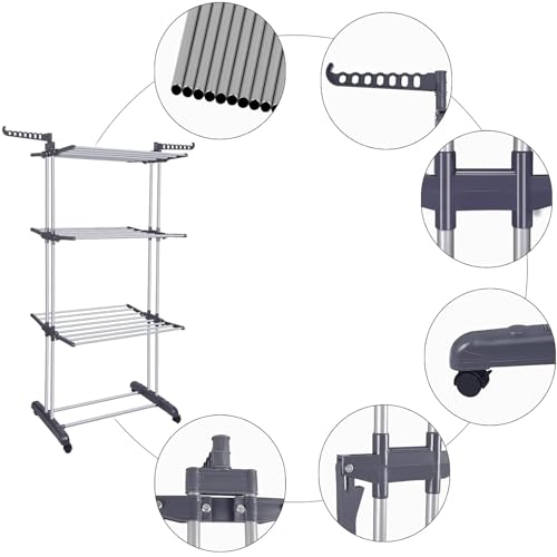 Toworld Clothes Drying Rack Folding 4 Tier Clothes Horses Rack Stainless Steel Laundry Drying Rack with 2 Adjustable Side Wings, Space Saving Free-Standing Dryer Stand for Clothing