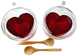 Heart Shaped Tea Cups Insulated Clear Glass Tea Cup 2 Pack 8.5 Ounces with 2 Bamboo Teaspoons by Princeton Wares