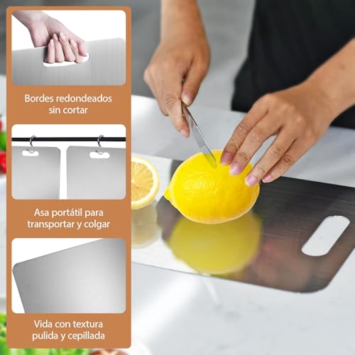 ZYJXLY Juego de 3 Tablas de Picar para Cocina,Tablas para Picar Cocina de Acero Inoxidable 304, Tabla De Cortar Acero Inoxidable,Titanium Cutting Board,Resistente, Fácil de Limpiar