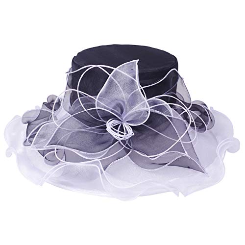 Women's Fascinators Wide Brim Sun Hat for Kentucky Derby, Church, Wedding, Tea Party, Royal Ascot, Easter (Black/White)