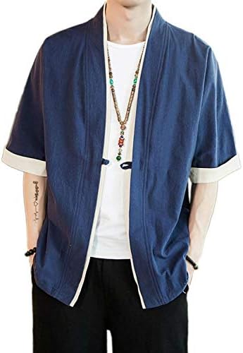 Hisitosa 和式パーカー メンズ 五分袖 夏 カーディガン コート 無地 和風 羽織 一つボタン シンプル トップス ゆったり カジュアル おしゃれ 大きいサイズ 個性 Tシャツ M 5xl