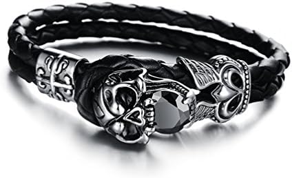 KingSix Unisex Black Braided Leather / Cubic Zirconia / 316L Stainless Steel Skull Bracelet KPH846