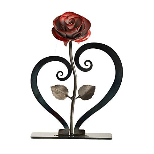 Photo 1 of Red Metal Rose with Heart-Shaped Stand - Iron 6th or Steel 11th Anniversary Gift - Valentines Day Gift