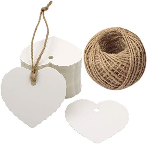 G2PLUS Heart Shaped Paper Gift Tags, 100 PCS Blank Favors Labels, 5.5x6 CM Paper Hang Tags with String for Wedding Party Supplies