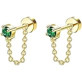 Niaspi 20G Emerald CZ Chain Dangle Cartilage Stud Earrings for Women Stainless Steel Conch Helix Tragus Flat Back Earrings Studs Labret Lip Rings Cartilage Piercing Jewelry